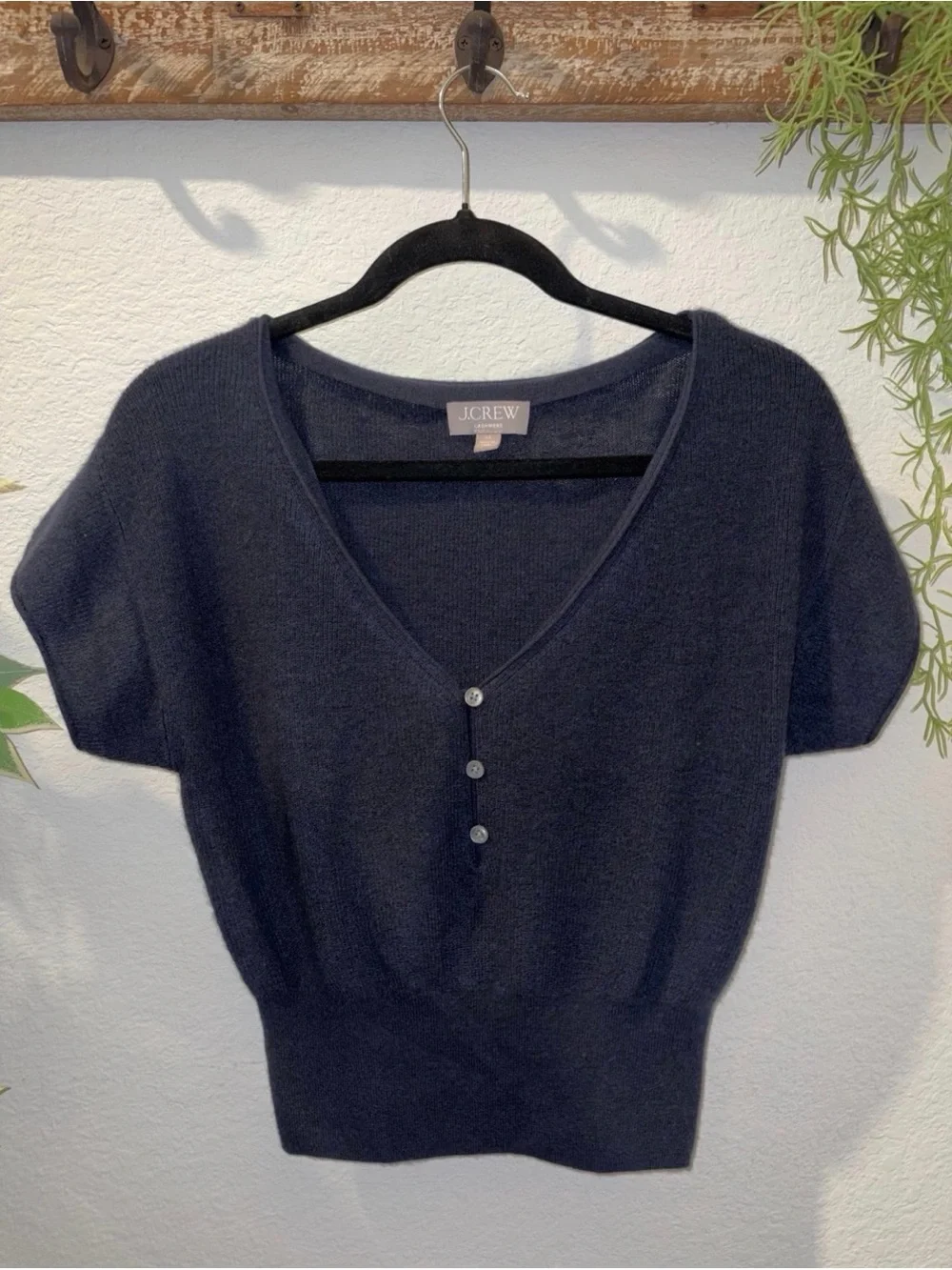 J. Crew Navy Short Sleeve 100% Cashmere V-Neck Button Top